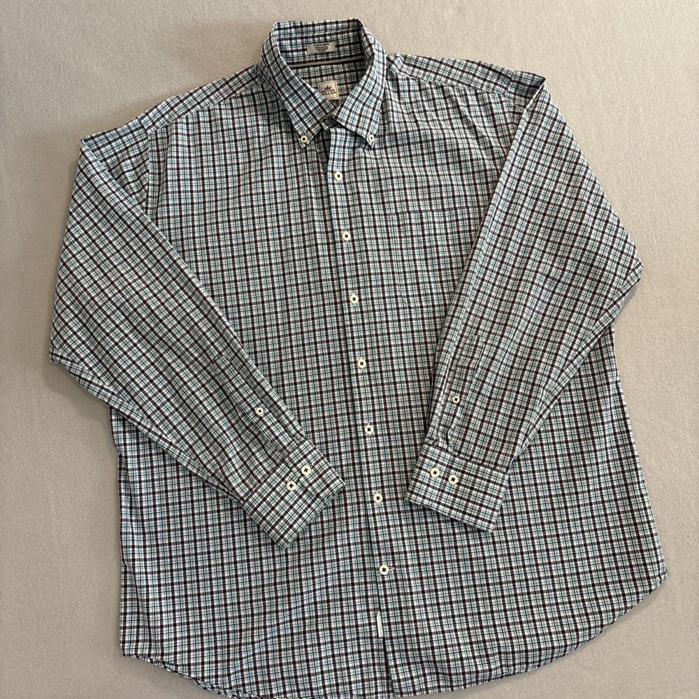 Peter Millar Mens XL Long Sleeve GREEN/BLUE/ PLUM Plaid Shirt Cotton ~ EXCELLENT